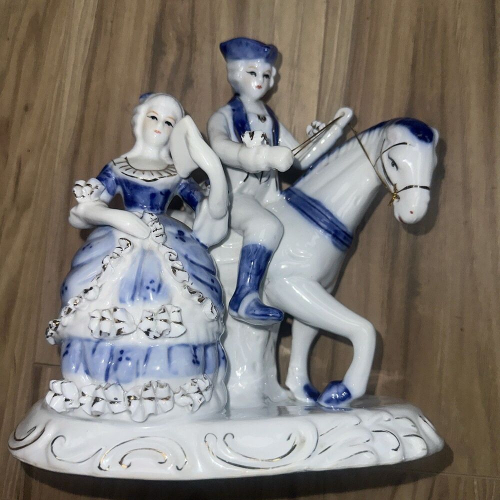 Porcelain Victorian French Colonial Blue White With Gold,  Man Woman Horse - K2
